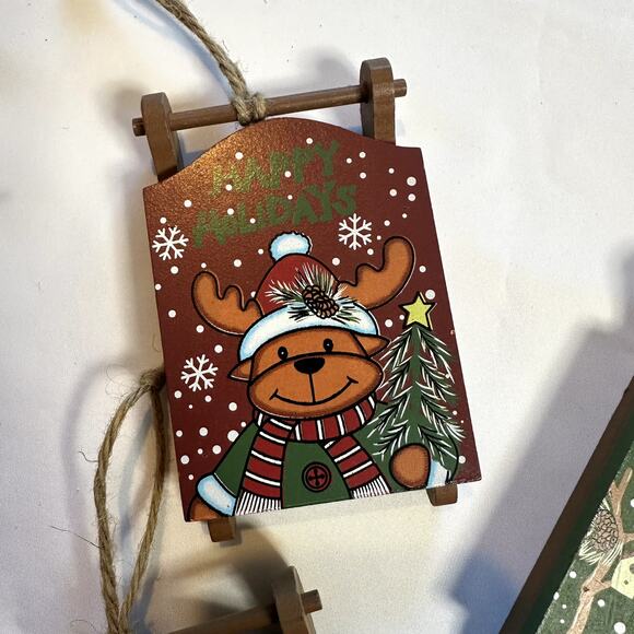 Primitive Farmhouse Christmas Bundle Of 4 Wooden Sled Tree Ornaments - Picture 4 of 7